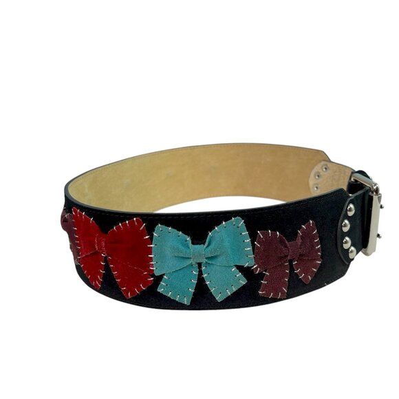 Betsey Johnson Black Suede Wide Bow Belt w/ Multicolor Bows & Studding, Size S main image 9